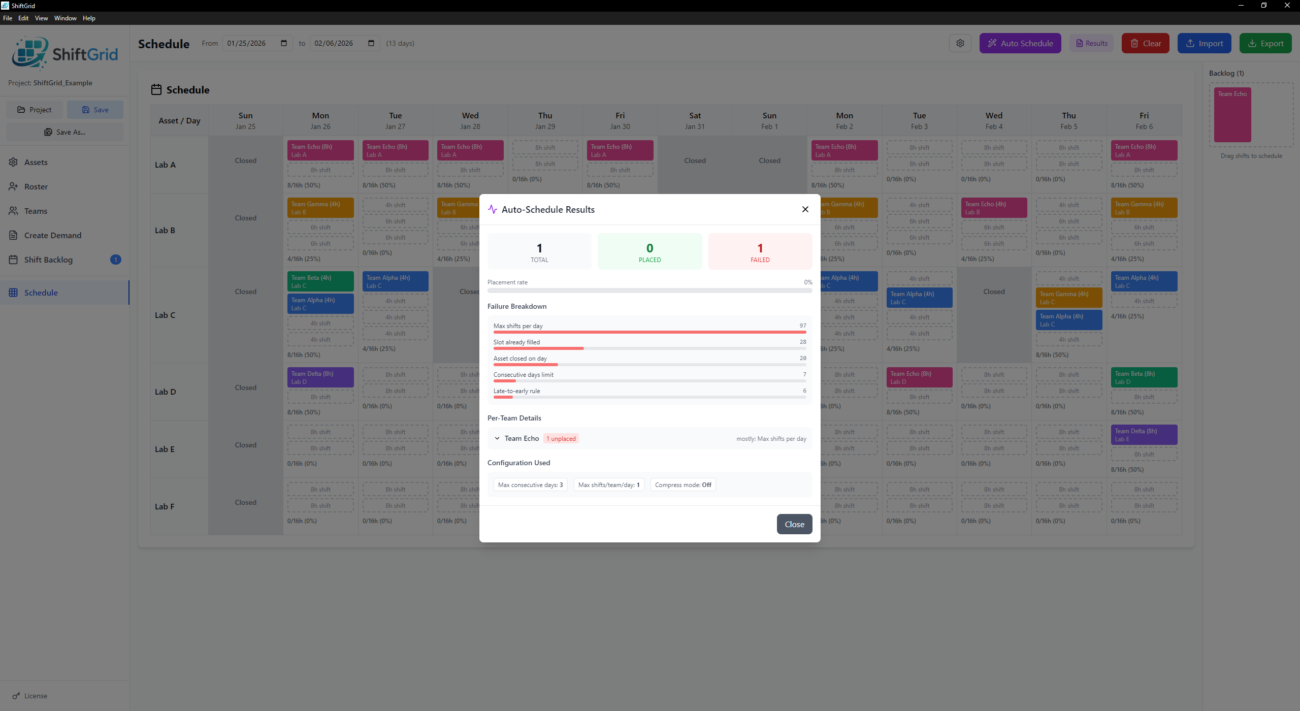 Auto-scheduler diagnostics screenshot