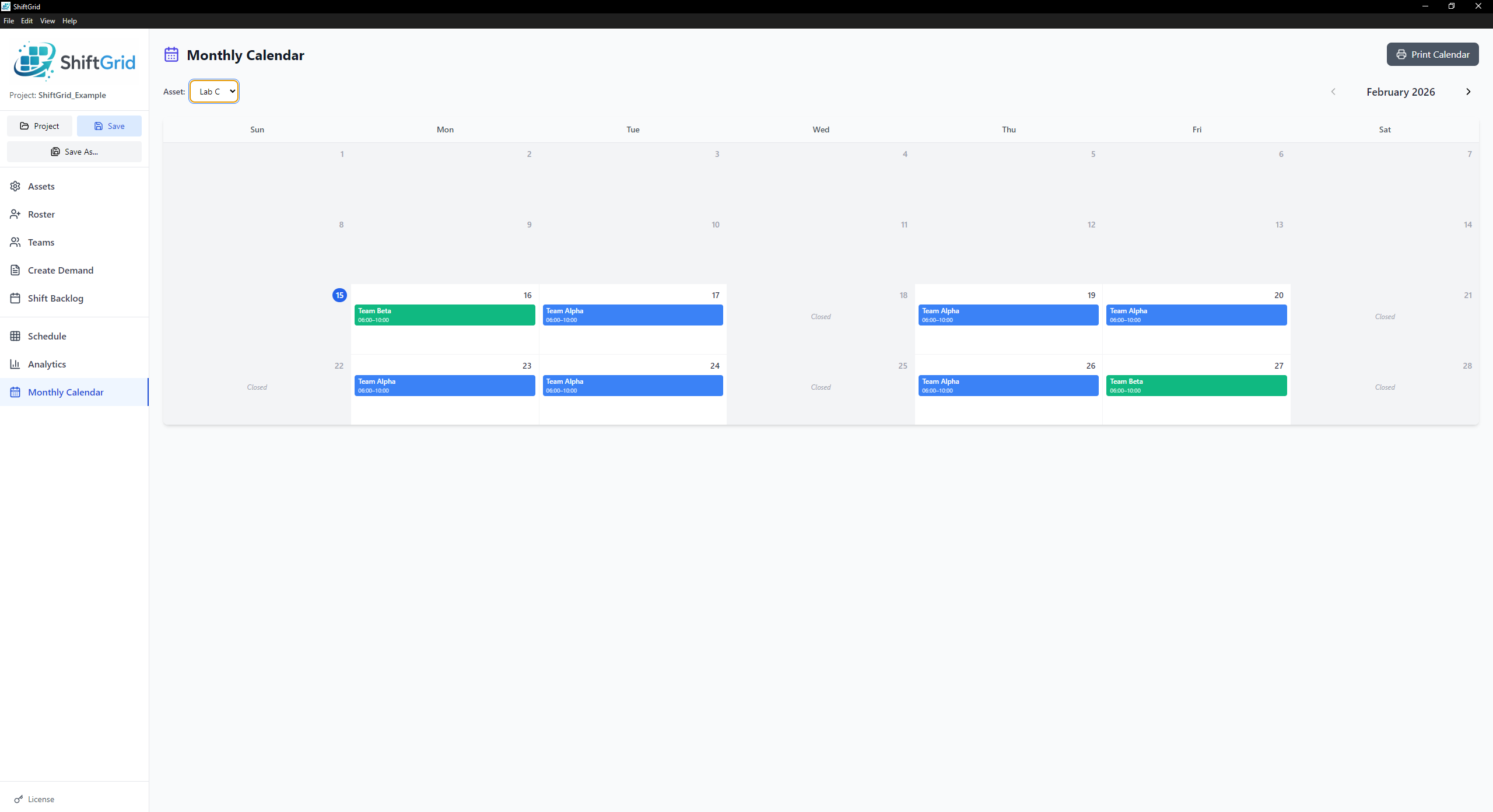 Monthly calendar view screenshot