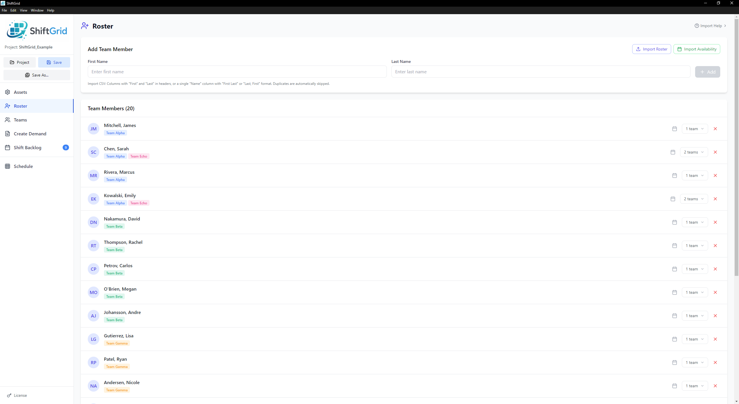 Roster page screenshot