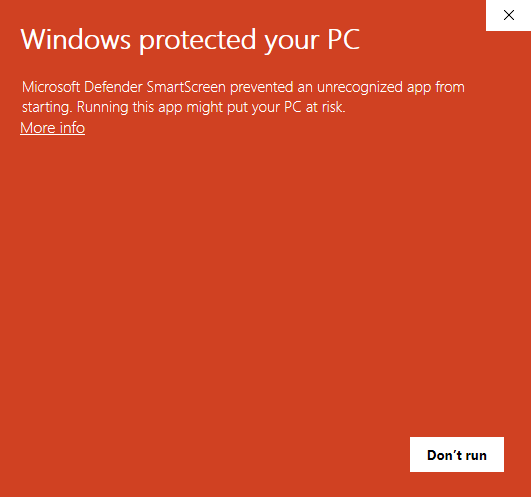 Windows SmartScreen warning - click More info